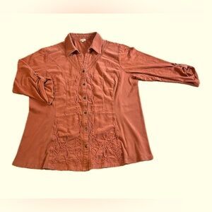 Reba Woman Botton Down Blouse Long Tabbed Sleeves Embroidered Orange Plus 2X
